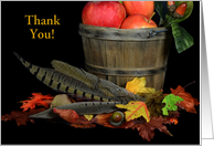 Thanksgiving thank you with pheasant feathers and apples in basket card