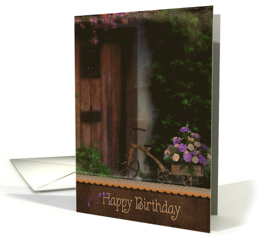 birthday tricycle with carnation bouquet by door card (879824)