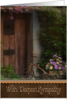 loss of mother sympathy, old tricycle with carnation bouquet by door card