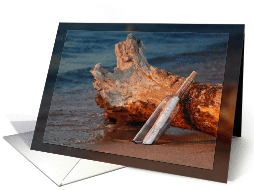 miss you, romance, message in a bottle, beach, driftwood card (880423)