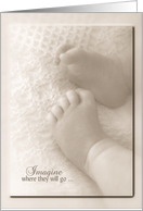 new baby congratulations, infant feet on blanket in soft sepia tone card