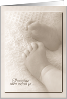 Birth of Grandchild with baby feet on blanket in soft sepia tone card