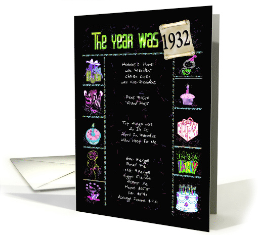 1932 Birth Year fun facts and party elements on black card (882150)