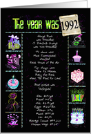 1992 Birthday fun trivia facets with party elements on black card