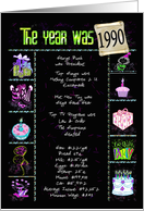 Birthday in 1990 trivia fun facts on black with party elements card