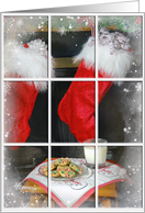 Christmas stocking with cookies and milk in window frame card