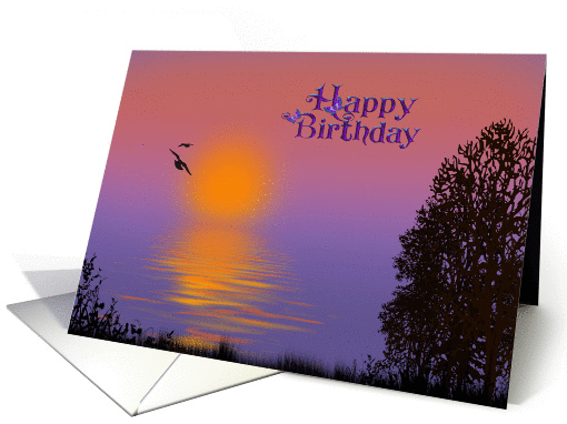 sunrise over water with bird silhouette for birthday card (884652)