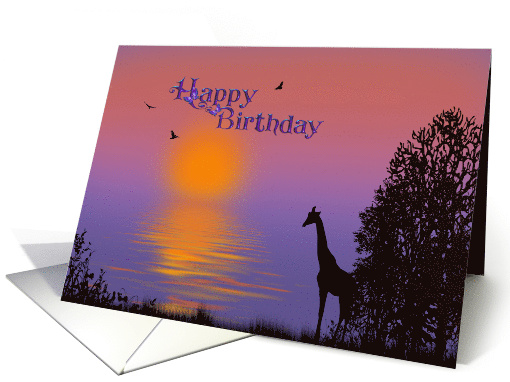 Birthday giraffe and tree silhouetted against ocean sunrise card