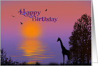 Birthday giraffe and tree silhouetted against ocean sunrise card