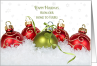 Happy Holidays-red and green ornaments in snow with snowflake card