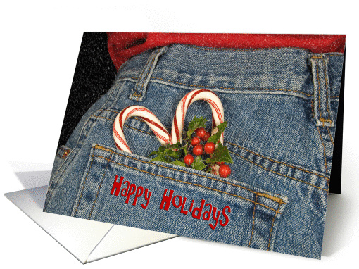 Happy Holidays, candy cane, blue jeans, holly, love card (887381)