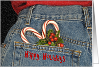 Happy Holidays, candy cane, blue jeans, holly, love card