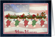 Happy Holidays-military Christmas stocking on mantelpiece and flag card