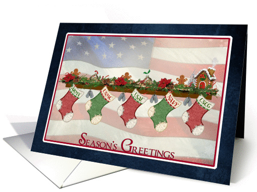 Season's Greetings, uncle, military,Christmas, stockings, card