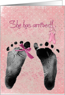 baby girl announcement-footprints with pink bow and ballerina slippers card