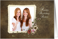 Birthday for Twin Sister, photo card with floral bouquet on damask card