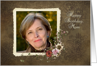 Birthday for Mom-vintage photo card with floral bouquet on damask card