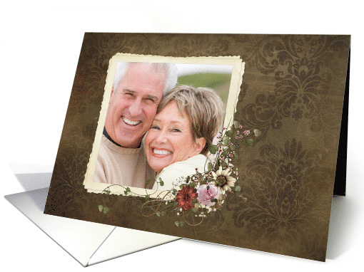 Anniversary photo card with floral bouquet on brown damask... (889193)