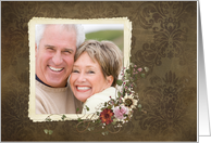 Anniversary photo card with floral bouquet on brown damask background card