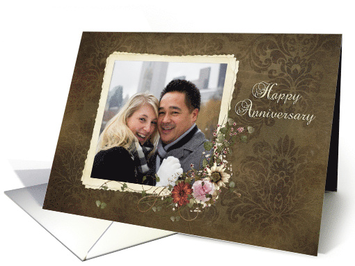 Anniversary photo card with floral frame on damask background card