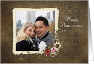Anniversary photo card with floral frame on damask background card