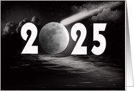 New Year 2025 Full Moon and Comet With Black Water Reflection card