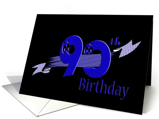 90th birthday banner with blue text and eyeballs on black card