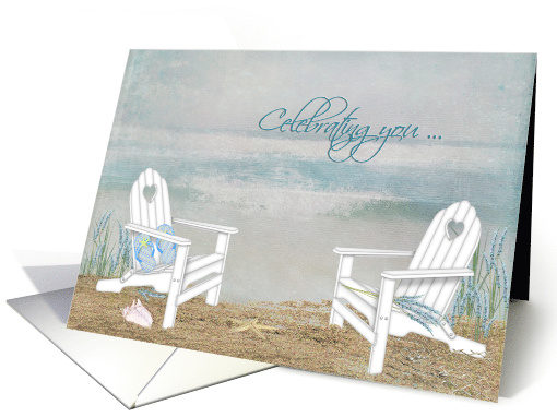 Birthday beach chairs in sand with seashells and flip flops card