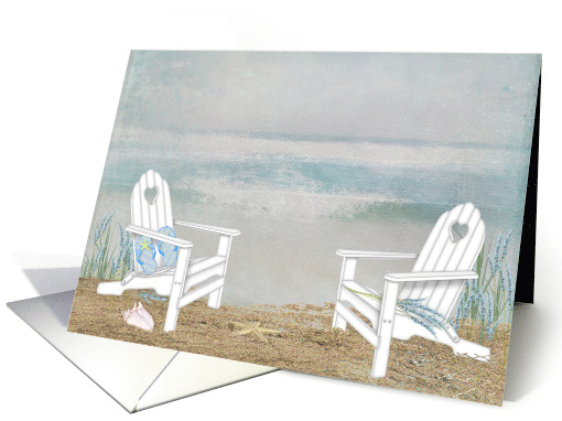 blank note beach chairs in sand with starfish and seashell card