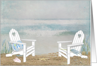 blank note beach chairs in sand with starfish and seashell card