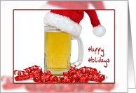 Christmas Santa hat on a mug of beer with ribbons card