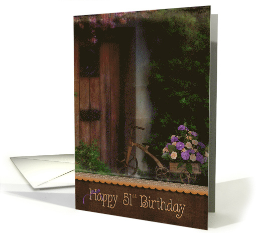 Retro Tricycle with Carnation Bouquet In a Cart for 51st Birthday card