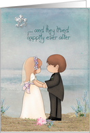 Wedding Congratulations bride and groom saying vows on the beach card