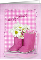 sister, birthday, gingham, boot, daisy, bouquet card