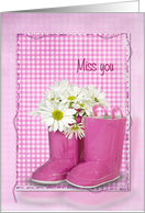 Miss You, gingham, boot, daisy, bouquet card