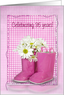 36th Birthday, daisy bouquet in pink boots card