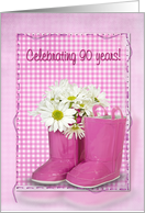 90th birthday, boots, daisy, gingham, birthday, pink card