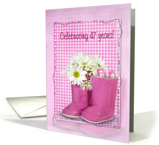 47th birthday, boots, daisy, gingham, birthday, pink card (896025)