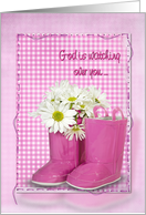 thinking of you, boots, daisy, gingham, birthday, pink card