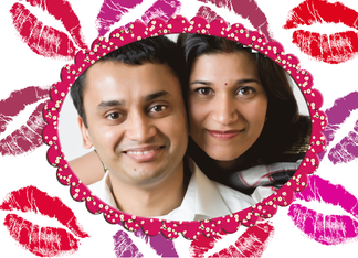 Valentine photo card with lipstick kisses