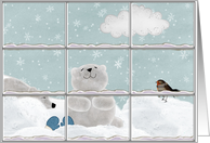 Winter birthday with polar bears and bird in snow card