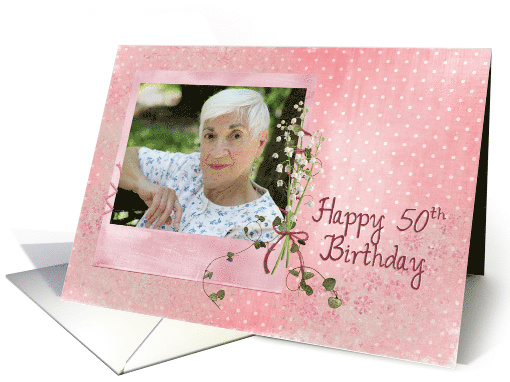 50th Birthday lily of the valley bouquet on a photo card frame card