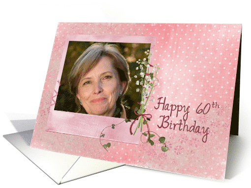 60th Birthday photo card lily of the valley bouquet on pin dots card