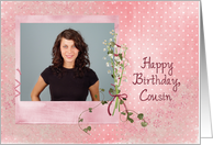 cousin’s birthday, lily of the valley bouquet photo card polka dots card