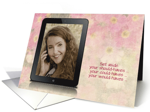 Birthday photo card, electronic tablet on faded floral background card