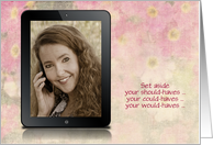 Birthday photo card, electronic tablet on faded floral background card