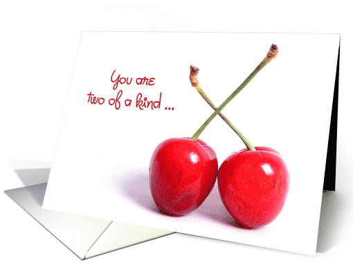 Anniversary for couple, two red cherries on white card (900137)