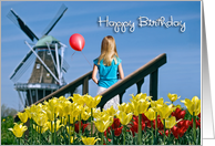Birthday, Dutch windmill with tulips and girl with balloon card