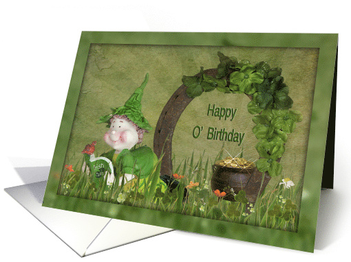 St.Patrick's Day birthday leprechaun with horseshoe and shamrocks card