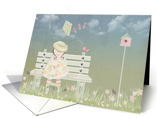 Birthday, cute girl on bench with bird and kite card (901528)